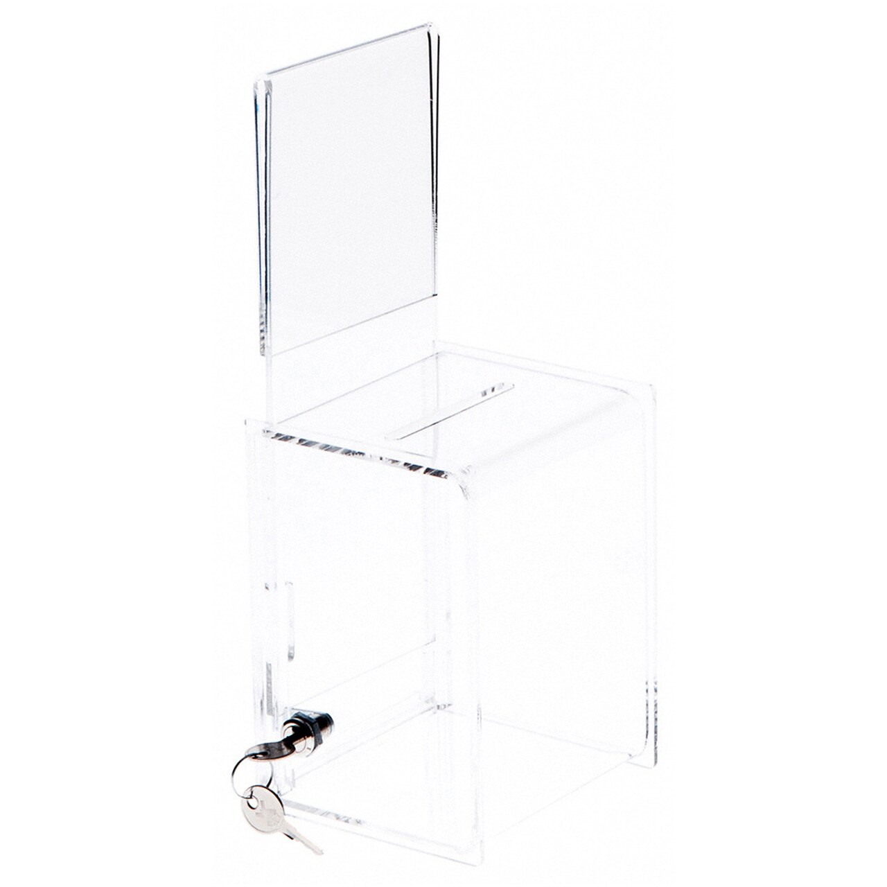 Plymor Clear Acrylic Locking Ballot / Collection Box With Sign Holder, 4" W x 4" D x 6" H (Holds 3.5" x 4" Sign)